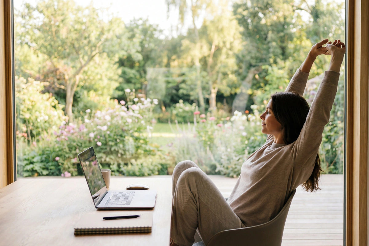 Woman stretching peacefully by a sunny window after receiving professional anxiety treatment in Thailand.