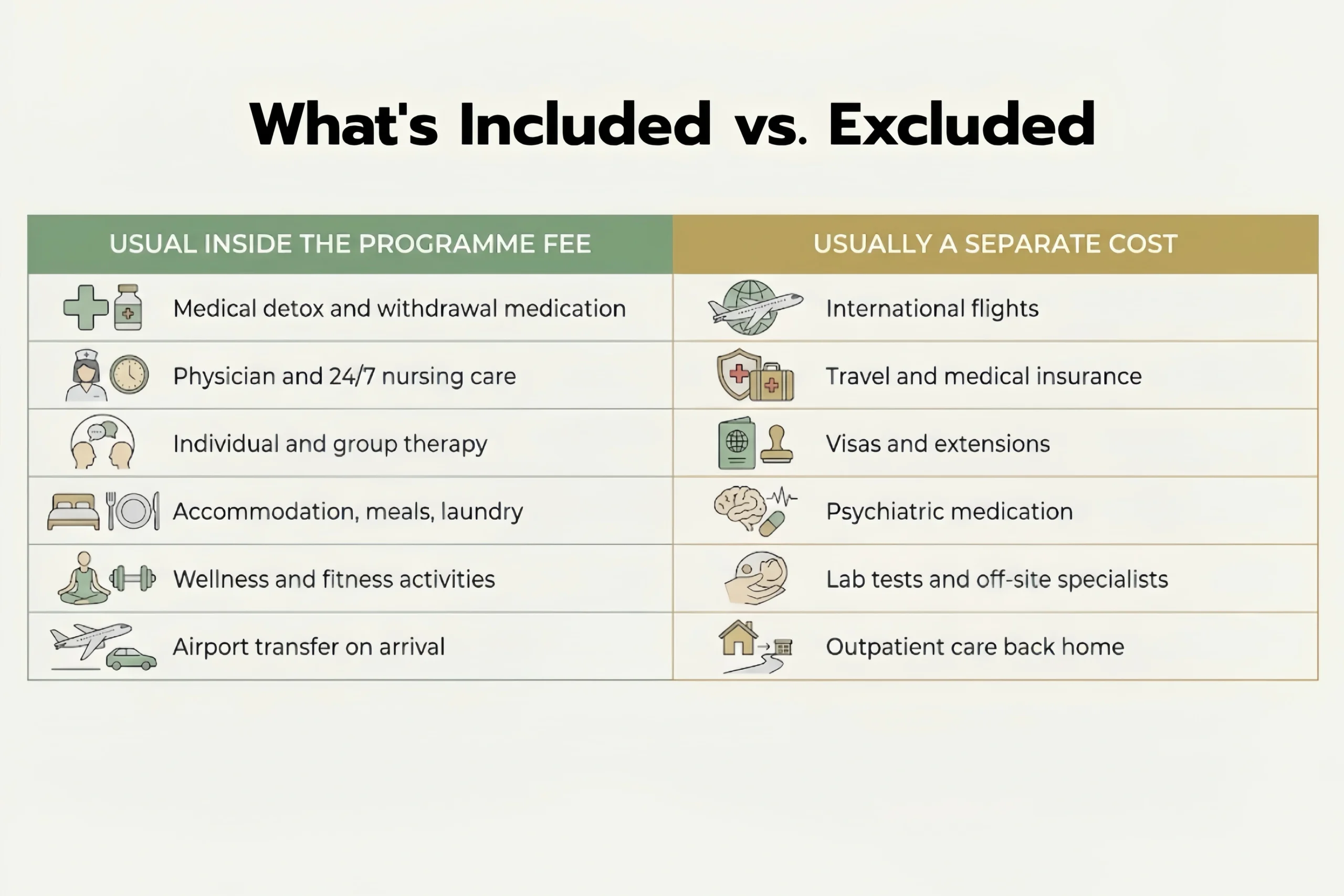 Infographic comparing what an all-inclusive rehab fee covers versus extra costs like flights and insurance