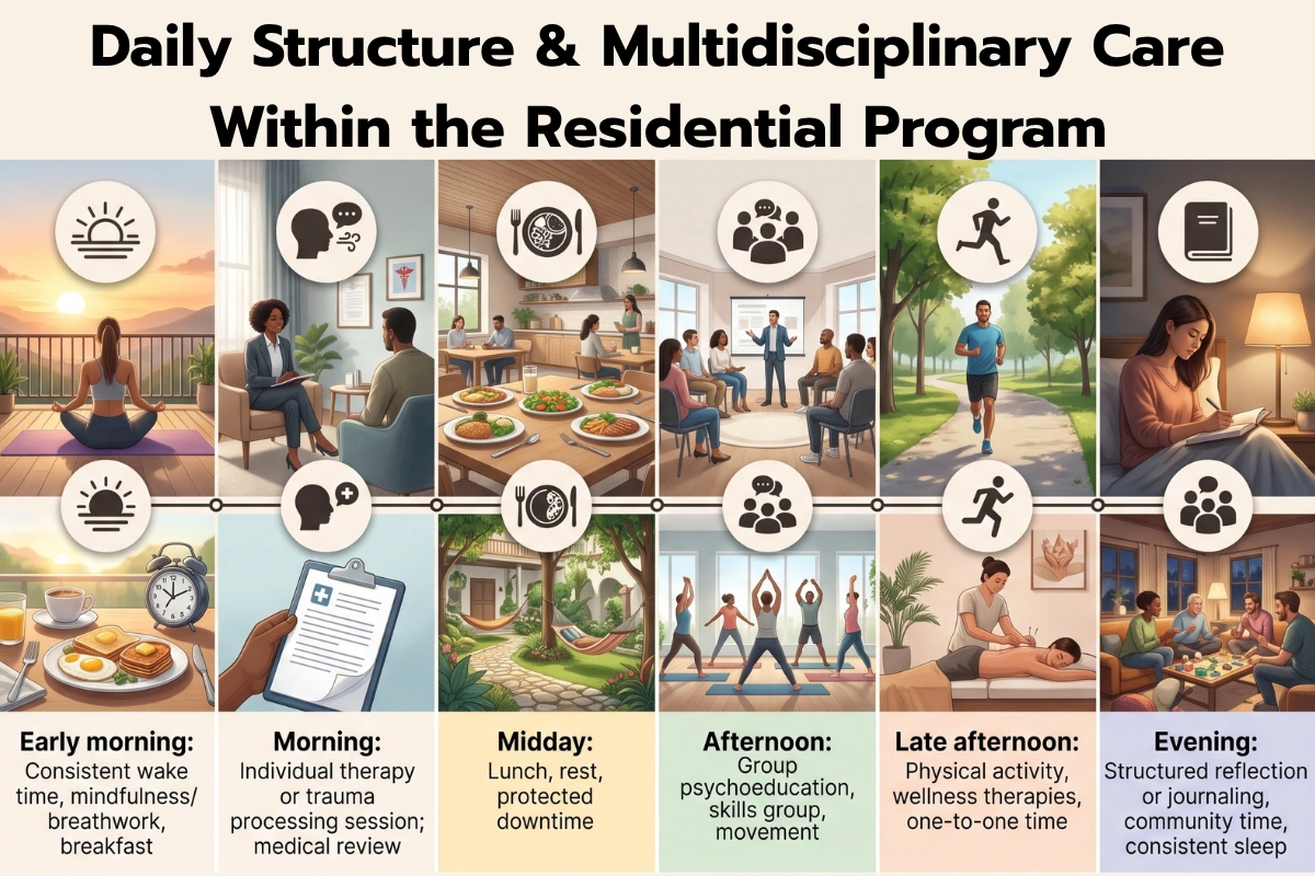 Daily routine schedule of the rehabilitation center, showing 6 time periods with illustrations and main activities for each period.