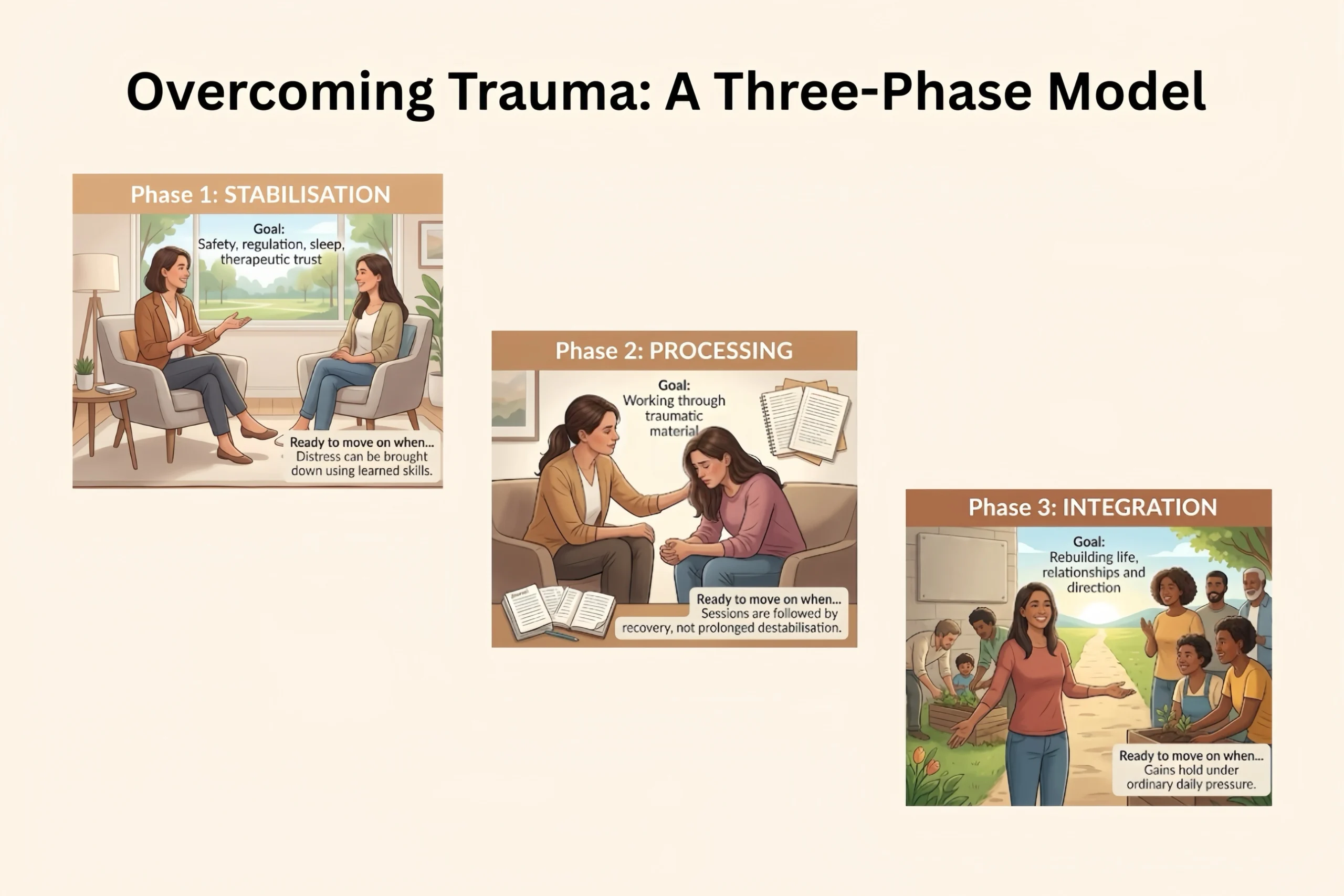 Diagram of the three-phase trauma treatment model: stabilisation, processing and integration