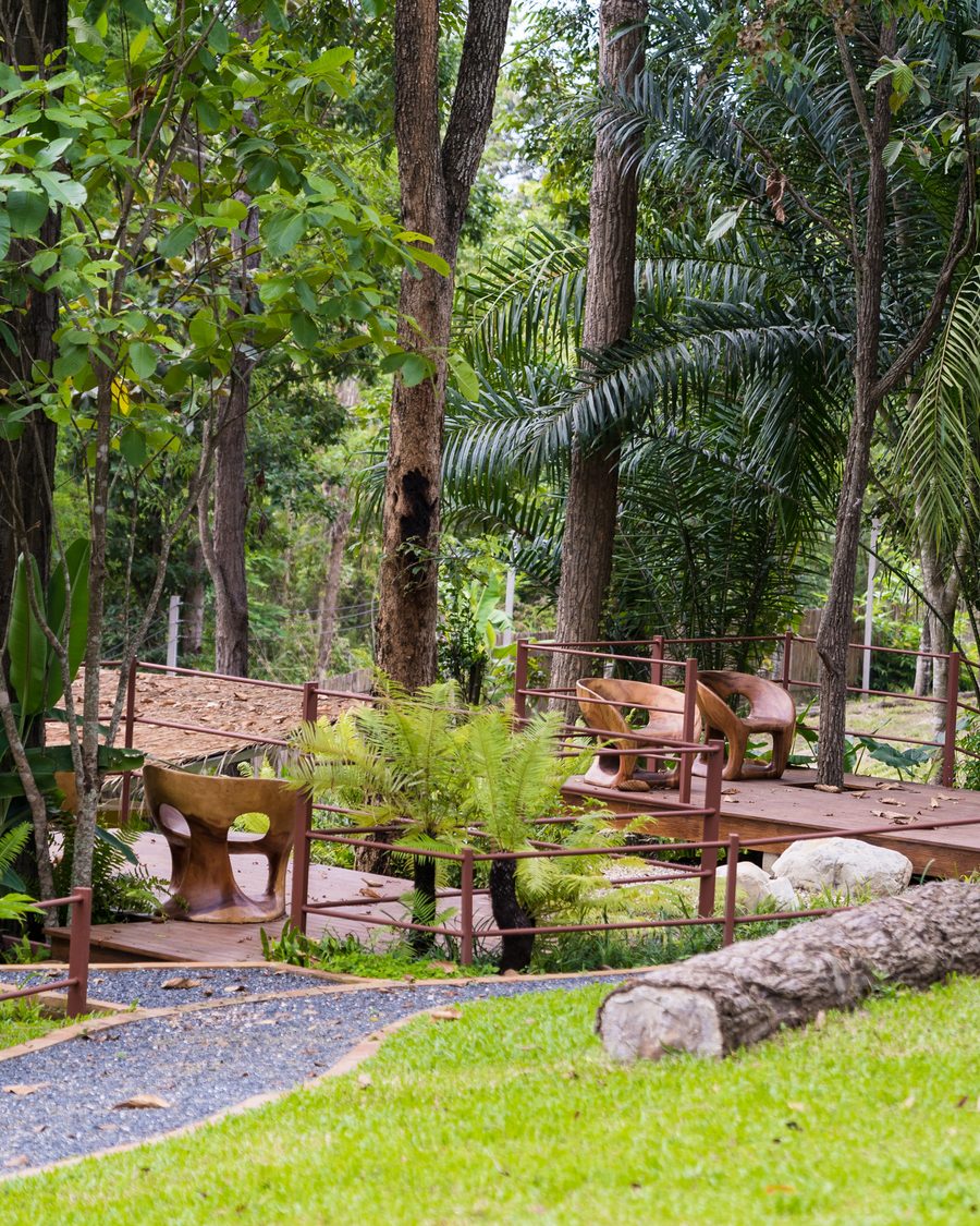 Carved wooden chairs on a timber deck among the trees of the grounds