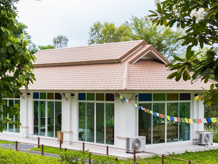 The yoga sala, hung with prayer flags