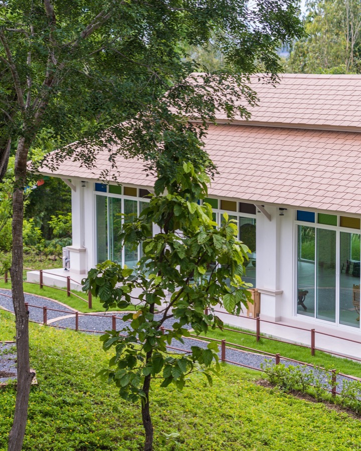 The yoga and meditation sala, seen from the gardens